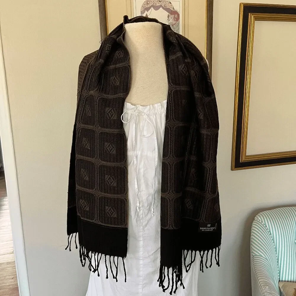 VTG Bruno Piattelli Lambswool Scarf Brown Jacquard Geometric Fringe Italy